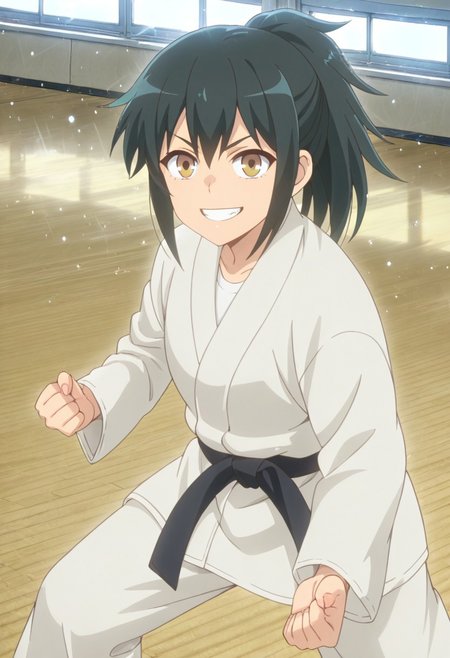 1girl, solo, masterpiece, best quality, newest, absurdres, CG, anime, source anime, illustration,  nyalia 
BREAK 1girl, solo, Orihara_LW, black hair, ponytail, brown eyes, sidelocks
dougi
dynamic pose, standing, posing, fighting stance, judo, ready to attack viewer, grin
indoors, japanese dojo, day
cinematic angle, alternate angles, alternate detailed background, beautiful background, (rays light:1.0),(grow:1.0), light particles