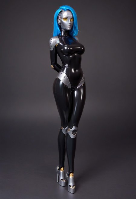 solo, A 35mm full length photo of  a beautiful 20 year old woman, she is a humanoid robot , robotic body, freckles, smooth featureless silver grey robotic skin, robotic aerials, metallic dark blue hair, elegant black latex bodysuit with white trim
TheFaceLess