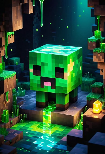 an adorable cute dungeon slime, chibi minecraft slime --uplight. (vibrant masterpiece, 32K, UHD, best resolution, perfect details, best quality, best details, best artist, sharp edges, detailed textures, full view, atmospheric lighting, visually stunning, perfect composition, trending on behance)