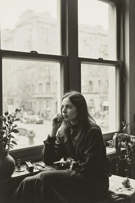 YFG-V1nt A captivating black-and-white photograph of a contemplative woman seated sideways on a table beside large, multi-pane windows, gently holding a vintage camera close to her face as she gazes thoughtfully outward, immersed in introspection. Soft natural light streams through the partially open windows, spilling into the room and casting delicate contrasts between illumination and shadow that accentuate the subtle contours of her figure and the texture of her clothing. The muted grayscale palette emphasizes tranquility and introspection, while the composition elegantly balances her off-center placement against the structured geometry of the window frames. Slightly blurred urban buildings visible outside hint at a bustling cityscape beyond, juxtaposing the serene indoor atmosphere with the dynamic world just out of reach. A small potted plant and casually arranged personal items scattered on the table and surrounding surfaces lend a relaxed, artistic authenticity to this intimate moment of quiet contemplation, evoking a gentle sense of creative solitude and thoughtful reflection, monochrome photography, contemplative portraiture, urban minimalism