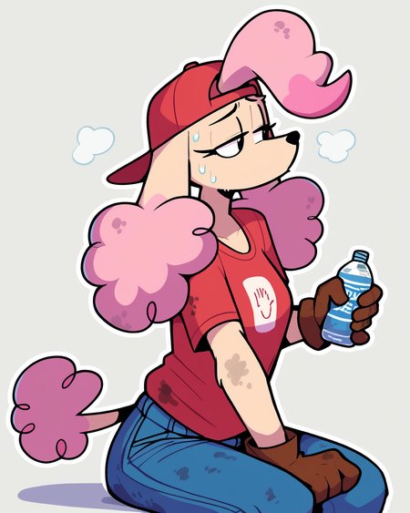 score_9_up, score_8_up, score_7_up, score_6_up, by remanedur, pink highlights, multicolored hair,  furry female, poodle, female, furry, solo, three-quarter view, head tilt, red baseball cap, baseball cap, backwards baseball cap, gloves, handwear, red shirt, sweat, dirty, sitting, panting, half-closed eyes,  holding object, water bottle, red t-shirt, t-shirt, jeans, tail, simple background, white outline, <lora:Leah_Pines(AIM)_XL_v1:0.25> <lora:PDXL_artist_tags_v2_big:0.5> <lora:The-Minuscule-Task_PDXL_v1.0:0.6>  <lora:Louise_aaronchenart:0.6>