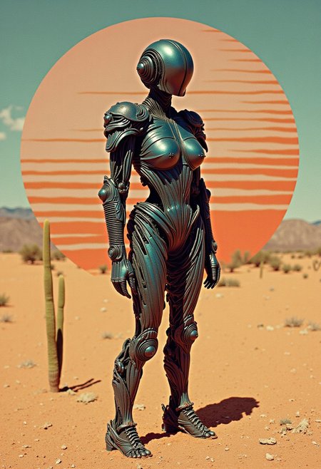 Text'beach where', Vector Art, Two Toned bleaked beige-red and black, Closeup Portrait, Monochrome, Closeup Portrait of a minimalism surreal Silhouette Striped old rusty Female steampunk cyborg made of blue-gold metal, its body is made entirely of lines and Stripes resembling wires, the eyes are dimly lit, and one arm is missing. It stands in a dusty desert in scorching heat. A cactus can be seen with an earth Like halo infront a Striped deep space embedded in a grignani inspired monochrome with greyscale lines, an Image completely made of bold thick lines, perfectly aligned, a Illusion Made of lines