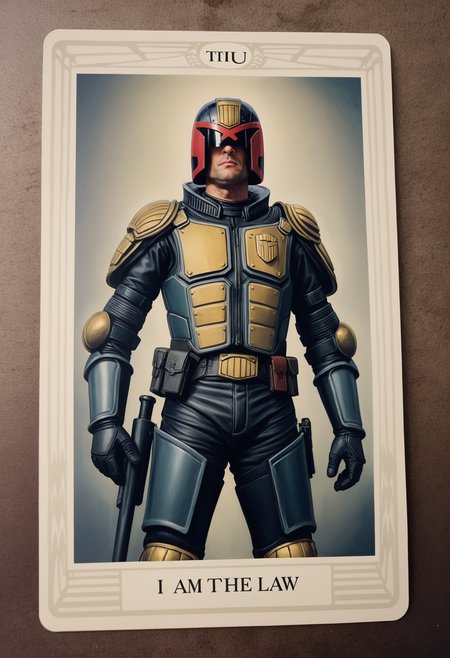 cinematic film still of  <lora:Crowley_Thoth_Concept:0.8> tarot card with a picture of jdgdrdd,  <lora:Judge_Dredd_-_2012_v2_SDXL:0.7>  judge dredd, armor, helmet, scowl ((text: I AM THE LAW)), shallow depth of field, vignette, highly detailed, high budget, bokeh, cinemascope, moody, epic, gorgeous, film grain, grainy