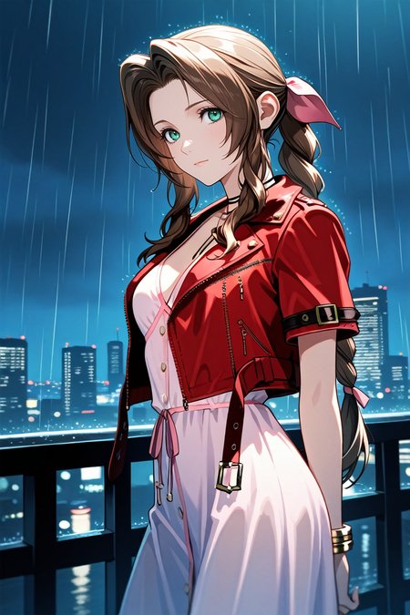 masterpiece, best quality, absurdres,
<lora:ILFF7Aerith:0.8>
FF7Aerith, 1girl, brown hair, green eyes, long hair, braided ponytail, looking at viewer, cowboy shot, rain, at night, cityscape