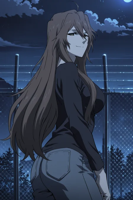 anime screencap, anime coloring, detailed face, masterpiece, best quality, very aesthetic, absurdres, bokeh, volumetric lighting, official style, amazing quality, ultra detailed,  highres, amazing quality, scenery, beautiful detailed hair,
outside, night, 
 <lora:Hex_Jormungand:1>
Hex dark shirt outfit, Hex (Jormungand), 1girl, solo, long hair, brown hair, brown eyes, ahoge, walking, pants, denim, jeans, from the side, large breasts,  fence, night, chain-link fence, pants, denim, jeans, looking at the viewer, sexy smile, cowboy shot, ass,