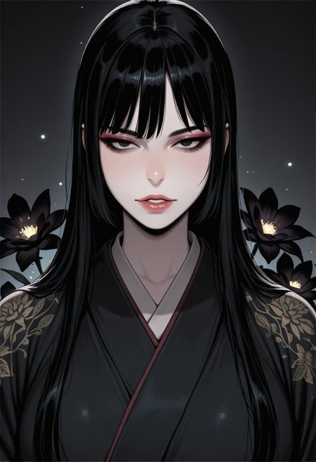 black background,simple background,Volumetric Lighting,looking at the viewer,glowing,1girl,mature female,milf,older female,black hair,bubble,black eyes,solo,makeup,hime haircut,long hair,paleskin,colored skin,white skin,japanese clothes,kimono,eyeshadow,black hair,flower,black kimono,streaked hair,upper body,parted lips,grey background,black flower,black eyeliner,white border, masterpiece,best quality,amazing quality,high quality, newest, highres,8K,HDR,absurdres,vibrant colors,Volumetric lighting,cinematic,
<lora:iLLMythM4gicalL1nes:0.4>,m4gicall1nes,<lora:Sinozick_style:0.4>,sinozick_illu,zPDXL2,