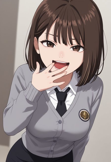 woman, adult, [medium breasts], BREAK masterpiece, best quality, amazing quality, absurdres, newest, dynamic_angle, defined facial features, censored,   anime screencap, 1girl, <lora:ojou-sama-pose-ponyxl-lora-nochekaiser:1> ojou-sama pose, laughing, smug, hand to own mouth, open mouth
1 girl. Minchae Lee. brown hair. brown eyes. short hair. medium hair. bangs. medium breasts. mole under eye
school uniform. white shirt. black tie. gray cardigan. black skirt. miniskirt. pencil skirt.