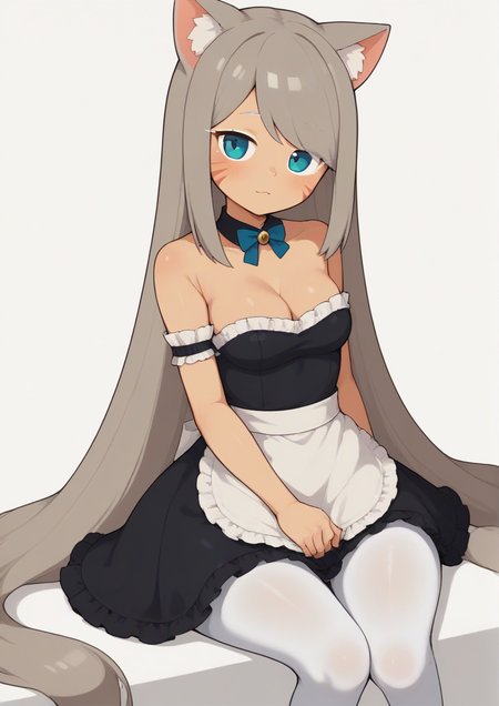 1girl,animal ear fluff, animal ears, apron, black dress, blue bow, blue eyes, bow, breasts, cat ears, cleavage, detached sleeves, dress, feet out of frame, frilled apron, frilled dress, frills, grey hair, hair ornament, long hair, looking at viewer, pantyhose, sitting, small breasts, solo, strapless, strapless dress, very long hair, white apron, white background, white pantyhose <lora:CoolBeetMan:1>