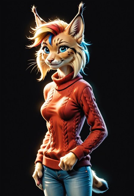 digital_media_(artwork) hi_res, score_9, score_8_up, score_7_up, score_6_up, score_5_up, score_4_up, rating_safe, anthro, furry, female, furry female, detailed textured fur, fur tufts, lynx, slim, slender, small breasts, cute, sweater, denim jeans, multicolor hair, streaked hair, red hair, blue hair, blonde hair, blonde fur, detailed blue eyes, smile, solo, SFW,