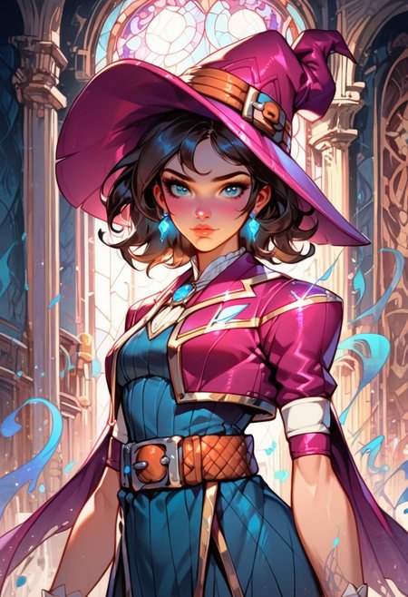 (score_9, score_8_up, score_7_up), ((zPDXL3)), ((face focus, eye focus, dynamic angle, motion)), 1girl, fantasy, Tarot Card Style, witchkiri, sexy witch costume, (witch hat), lace, cape, breathless intimacy, tanned skin, petite model bombshell, cute, young, delicate features, narrow pointy nose, tiny nose, brown hair, medium length hair, bob cut, lust, big eyes, seductive eyes, blue eyes, detailed skin, flared lashes, mascara, makeup, perky medium breasts, athletic body, narrow waist, skinny hips,
warm light, detailed, neon dark party, wisps of magic, fortune-teller, 
 BREAK
milky way, runes, arcane, astral, surreal, ethereal glow, masterpiece, best quality, intricate design. colorful, moonlit nightsky, stained glass aesthetic, moody whimsical color palette, murano glass, bold soldering lines, volumetric light shining through, crepuscular rays, intricate craftsmanship, detailed texture, luminous transparency, reflective light play, vivid hues, atmospheric depth, enchanting silhouette, art nouveau,