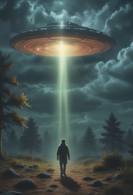 A man abduced by an UFO, poetic scene