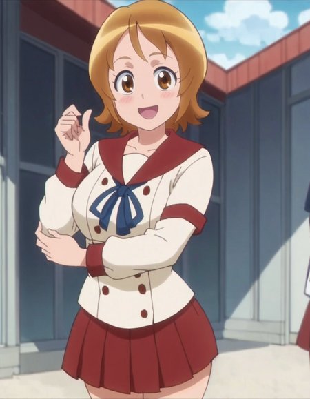 score_9, score_8_up, score_7_up, anime screencap, solo,1girl,omoriyuko, school uniform,   smile, skirt, serafuku, red skirt, sailor collar,looking at viewer, large breasts,wide hip,cowboy shot, blush,open mouth,<lora:omoriyuko:0.8>