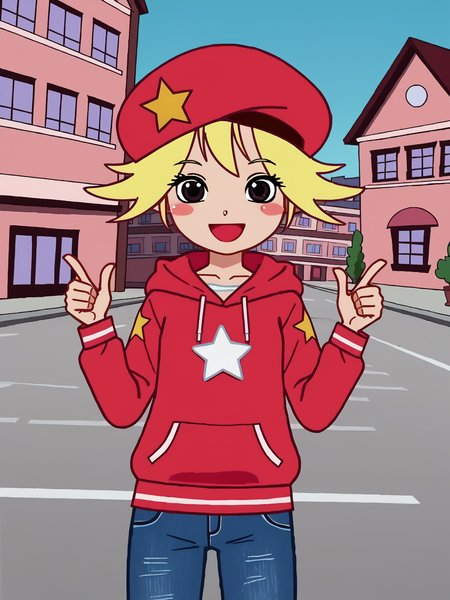 1girl, smile, score_7_up, piuvictoria, <lora:Victoria (Pump It Up):0.8>, blush, blonde hair, red hat, star ornament
city background, hoodie jeans, thumbs up  <lora:CSPNY1:1>