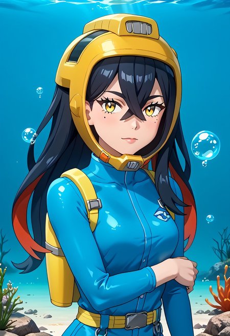 PokemonStyle, pokemon \(anime\), full body,solo female, score_9, score_8, score_7, score_6_up, source_anime, anime coloring, anime screencap, official art,
BREAK full body, 1girl, black hair, colored inner hair, crossed bangs, hair between eyes, hairband, long hair under helmet, mole, mole under eye, multicolored hair, red hair, sidelocks, two-tone hair, yellow eyes, floating hair, (blue wetsuit), long sleeves, bare legs, beautiful legs, barefoot,
BREAK
(pokemoncarmine wearing (snug fitting, face-sized(yellow diving helmet contoured to face))), (helmet overlapping chin, helmet overlapping cheeks, helmet overlapping jawline, helmet overlapping ears), shiny glass visor:0.5, 
BREAK underwater, seafloor, rocks, sea-green background:0.25, sea-green overlay:0.55, seaweed, neck 
BREAK blue background:0.25, bubbles, BREAK mask snugly on face, regulator, breathing tube, orange oxygen tank strapped to back, harness tightly on chest, belt, swimmingai, floating, bubbles, looking at viewer, diving, looking to side, aloof, closed mouth, vents on helmet, covered ears,