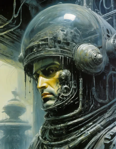 "Close-up, front-facing view of a scavenger, his face reflecting horror, within the chilling confines of a derelict space station. Sharp contrasts, lavishly intricate, drawing from H.R. Giger", surrealism, weird and pissed off, oil on canvas, dry brush, <lora:John Berkey Style:0.9>, John Berkey Style