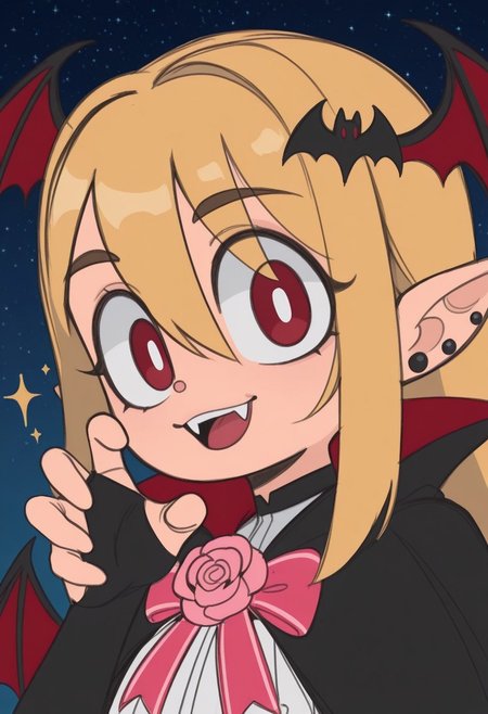 sslt,

1girl, solo, portrait, bangs, sidelocks, smile, fangs, earrings, jewelry, blonde hair, long hair, red eyes, hair between eyes, open mouth, pointy ears, head wings, bat wings, rose, starry sky, night sky, flower, vampire, demon girl, wings, bright pupils, demon wings, white pupils, red wings, pink rose, looking at viewer, eyebrows visible through hair, bow, pink bow, claw pose, tongue, piercing, sparkle, ear piercing, bridal gauntlets, bat hair ornament, vampire costume, hand up