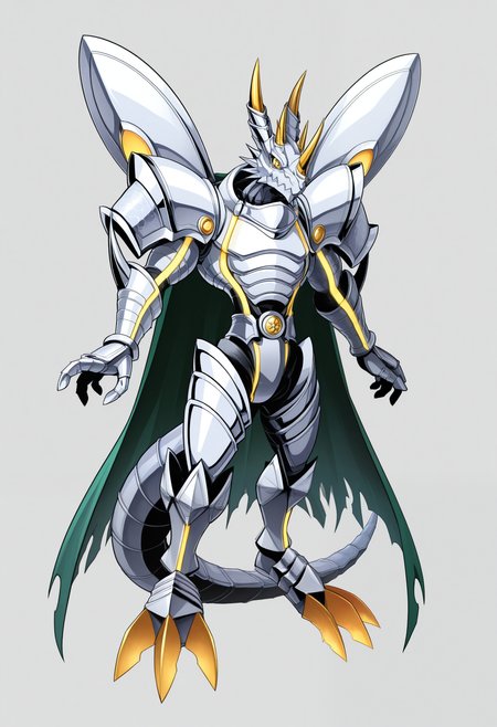 masterpiece,best quality,amazing quality, 1boy, solo, sl4y3r, digimon (creature), green cape, wings, tail, full body,