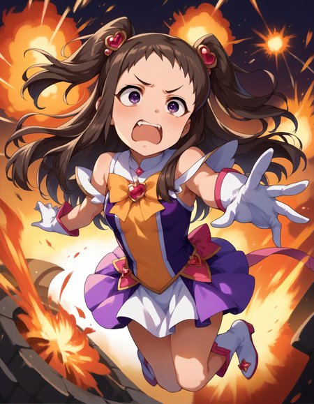 score_9,score_8_up,score_7_up,1girl,solo,jumping,open mouth,fang,flustered,wide-eyed,explosion background,dynamic angle,
<lora:kosekireina_ponyXLV6:0.8>,cgkri,
brown hair,long hair,two side up,short bangs,purple eyes,
magical girl,white gloves