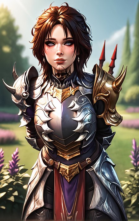 score_9, score_8_up, score_7_up, masterpiece, best quality, absurdres, solo, BREAK
GoldArmor_Evelyn_ownwaifu, 
1girl, black hair, eyelashes, eyeliner, eyeshadow under eye, facial mark, grey eyes, lips, makeup, messy hair, neck tattoo, nose, pale skin, red eyeshadow, short hair, tattoo, brown hair, earrings, jewelry, bangs, freckles,
gold armor, ornate armor, single pauldron, shoulder armor, pauldrons, breastplate, spikes, armor, gauntlets, full armor, gem,
(leaning forward, arms behind back), cowboy shot, garden, wisteria, outdoors, <lora:PONYXL_BaldurGate3_Evelyn_ownwaifu:0.85> , depth of field