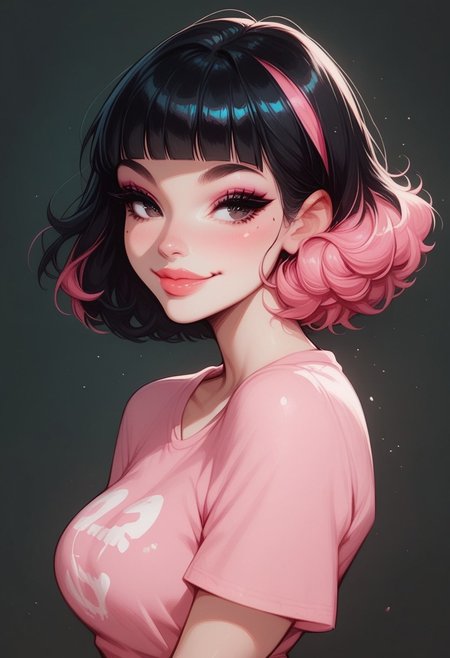 score_9, score_8_up, score_7_up, score_6_up, 1girl, Sarah, SarahRH, short black hair, bob cut, straight hair, blunt bangs, dyed bangs (pink), (pink) streaked hair, dark eyes, cute face, beautiful lips, medium breasts, curvy, large hips, pale skin, mole under her eye, moles on her body, pinup pose,  pink t-shirt, sexy look, parted lips, black background, portrait, smiling , closed mouth, k33n3r, cowboy shot, dramatic light, side view