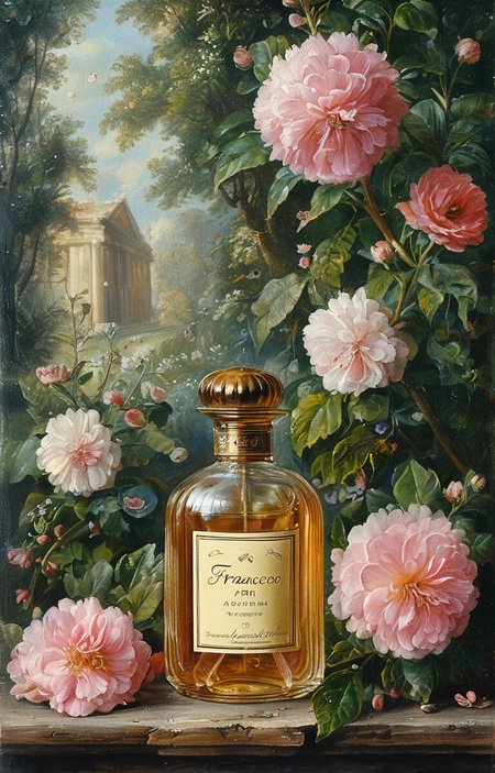 masterpiece,best quality,<lora:tbh206-sdxl:0.9>,illustration,style of Francesco Albani A bottle of perfume in garden