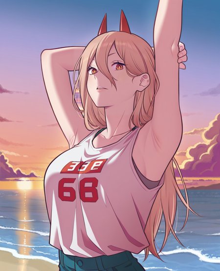 masterpiece, best quality, amazing quality, very aesthetic, absurdres, scenery, newest, <lora:Andria_Januar_style_ILLUS-000009:1> , aja, 1girl, power \(chainsaw man\), looking at viewer, parted lips, portrait, arms up, armpits, stretching,  white tank top, shorts, sunset, beach, water, sky, clouds, chin up