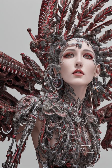 complex 3d render ultra detailed beautiful death angel, biomechanical cyborg, analog 150 mm lens, beautiful natural soft rim light, crystal feathers, roots, fine foliage lace, colorful details, Boris Bidjan Saberi outfit, pearl earrings, piercing, art nouveau fashion embroidered, intricate details, mesh wire, mandelbrot fractal, facial muscles, cable wires, microchip, badass, hyper realistic, ultra detailed, octane render, volumetric lighting, 8k post-production, red and white with a bit of black, detailled metalic bones, semi human, iridescent colors, Glenn Brown style, futuristic room, power of the god, high-angle shot, complex body poses