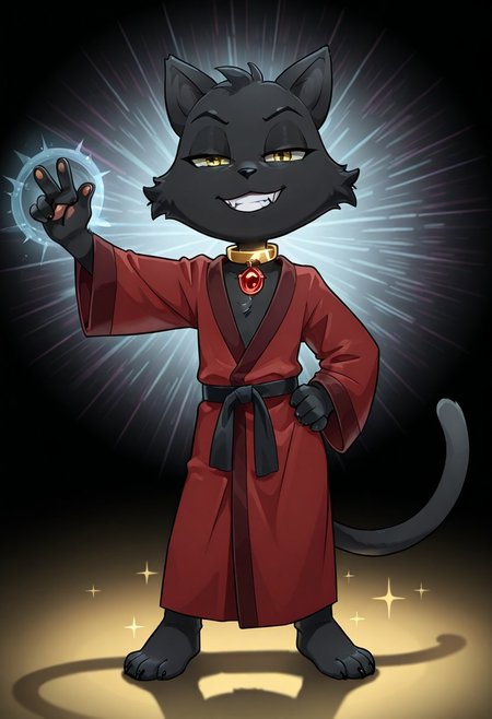 score_9, score_8_up, score_7_up, score_6_up, furry male, solo male, salems, cat, bipedal, cat tail, black body, black fur, cheek tuft, gold eyes, bathrobe, velvet robe with fur lining, (dark red robe with black accents:1.1), chest tuft, gold collar, red gem, half-closed eyes, grin, fangs, black nose, 4 fingers, standing, barefoot, pawpads, detailed face, raised arm, gesture, cocked hip, standing, hand on hip, petite, chibi, 
masterpiece, extreme detail, intricate detail, detailed fur, best quality, looking at viewer, detailed shading, perfect lighting, shadow, magic, sparkle, 
psychedelic background, cgi, IllustriousQual