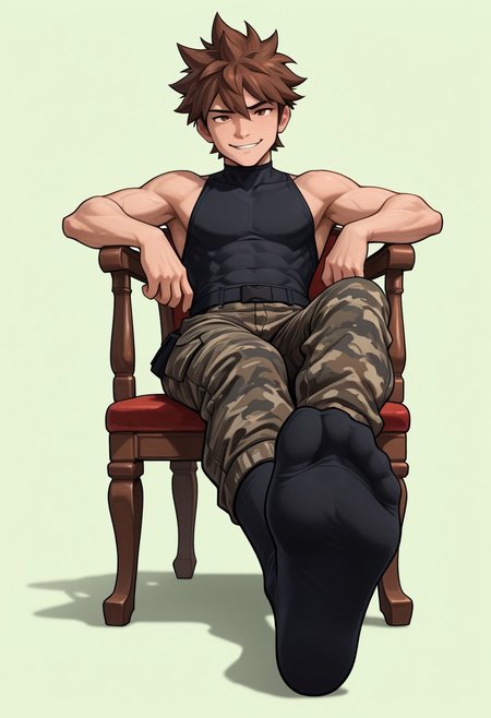 masterpiece, absurdres, high quality, perfect anatomy, arwe, foreshortening, BREAK
jax, 1boy, male focus, solo, brown hair, brown eyes, spiked hair, short hair, bangs, 
BREAK, teasing, cinematic, intricately detailed illustration, depth of field, masterpiece, best quality, amazing quality, very aesthetic, absurdres, newest, very awa,  shadow, dynamic angle, casual cosplay, dynamic pose, simple background, full body, feet focus, detailed fingers, no shoes, looking at viewer, cocky smile, siting, chair, submissive pov, feet towards viewer, dominant, twunk, muscular, muscles, lycra pants, domination, arrogant smile, looking down on viewer, compression outfit, short socks, black socks, camo compression pants, green theme