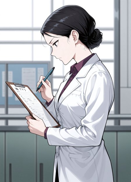 Unholy-aesthetic,masterpiece, best quality, amazing quality, absurdres, 

gyo_yoshiyama, 1girl, solo, black hair, single hair bun, low hair bun, messy hair bun, black eyes, medium breasts,

white coat , lab coat, buttoned coat, long sleeves, purple shirt, collared shirt, black skirt, pencil skirt, white footwear, white high heels,

, holding clipboard, holding pen, writing, serious face,  factory background, blurry background,  depth_of_field, focus, detailed, cowboy shot, from side, profile, 