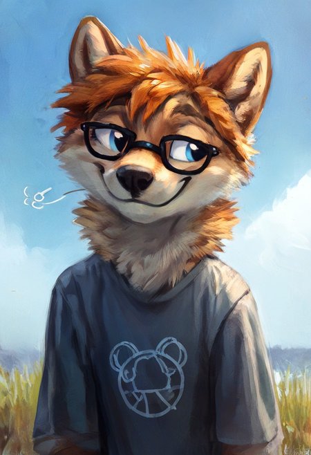 source_furry ,
shiba inu dog, tan fur, orange hair, black glasses, blue eyes, sleepy expression, smile, plain sweatshirt, blue sky, outdoors
<lora:Better_Kenket:0.9> ,  <lora:Jacato_Style_Pony:0.5>, score_9, score_8_up, score_7_up, score_6_up, score_5_up,