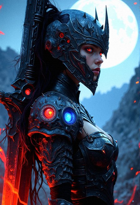 Envision a close-up of a female dark warrior in intricately designed armor, the metal gleaming with both moonlight and an internal, supernatural glow. The armor is detailed with spikes and jagged edges, with red and blue orbs embedded within the chest and shoulders, pulsing rhythmically. The helmet covers most of the face, leaving only the eyes visible, her beautiful crimson eyes that seems to pierce through the night. The figure’s sword, a massive weapon bathed in red flames, reflects on the polished metal, casting shadows and illuminating the faint engravings that run along the edges of the armor. Behind the warrior, the full moon hangs low in the sky, surrounded by swirling red and blue energy clouds that seem to pulse in time with the orbs on the armor.
Jagged mountains in the background, barely visible under the moonlight, adding a sense of scale.Jagged mountains in the background, barely visible under the moonlight, adding a sense of scale.

The close-up captures the tension and raw power of the scene, with every detail of the armor and weapon meticulously rendered, giving a sense of both ancient craftsmanship and otherworldly strength.Head angled slightly to the right, her intense gaze focused forward, as the flames illuminate the engravings on her armor.
Embedded Crystal Veins – Red and blue crystal veins branching out from the orbs, giving a fractured look.

