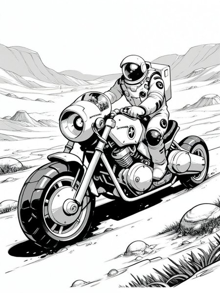 monochrome, motor vehicle, ground vehicle, motorcycle, greyscale, robot, helmet, science fiction, Astronaut, sci-fi vehicle, rover, alien landscape, black and white illustration, ink art, detailed design, exploration, Inktober,INK ,monochrome, comic art, , black and white illustration,