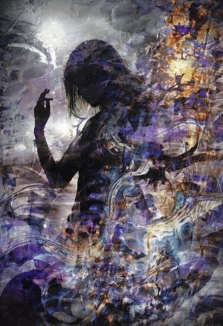 a world inside me, street, epic fantasy, dark fantasy, gritty, real, graffiti, long hair, silhouette, expressionism art, fractals, stopwatch, deep purple and gray, at dusk, cinecolor, (dimmed colors:1.1), hdr, mentixis, linquivera
