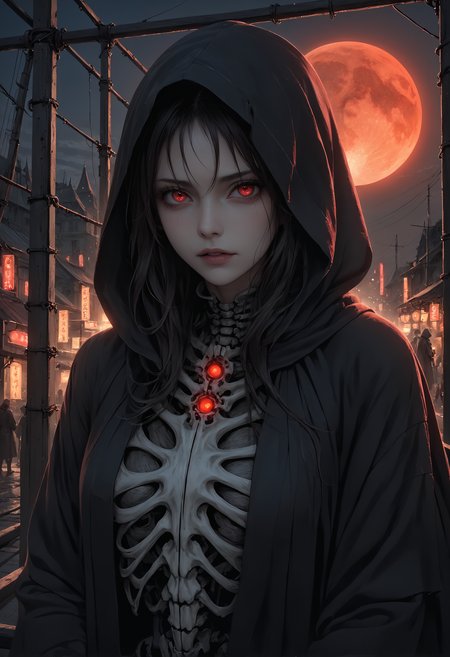  dark visionary,extremely photorealistic portrait, beautiful menacing gaze with red glowing eyes, detailed dark robes with crimson threads, photorealistic, high-resolution, complex textures, cinematic lighting, volumetric lighting, detailed expression, atmospheric, eerie red moon background, maximum realism, masterpiece, Skeletal structures, like old scaffolding, that glow faintly with embedded neon, creating ghostly outlines in the dark.Surfaces coated in reflective chrome that catch and amplify the surrounding neon lights, creating dazzling visuals. <lora:SDXL\koreandolllikeness_xl.safetensors:1.0>, 
