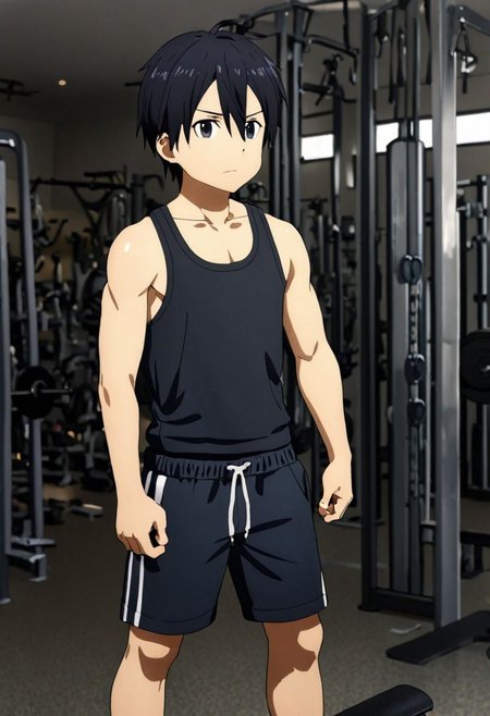 high resolution, professional photography, best quality, 1Boy, Kirigaya Kazuto, Black Hair, Black Eyes, overalldetail, Gym Boy, tank top, shorts, exercise, gym