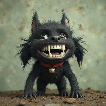 This is a realistic photo of an anthropomorphic creature resembling a small, black, spiky-haired dog with exaggerated, cartoonish features. The creature has a large, round head with a prominent, toothy grin showing its white, sharp teeth. The creature's fur is depicted as spiky and unkempt, with some strands sticking out in various directions. It wears a red collar with a small bell attached.
The background is a muted, textured green, providing a neutral backdrop that contrasts with the creature's dark fur. The ground beneath the creature is a simple, dark brown, giving the impression of a plain, grassy area. The overall style of the photo is whimsical and playful, with soft, sense of depth and movement to the scene. The creature's pose is slightly turned to the left, creating a sense of movement and life within the static image. The image conveys a lighthearted, almost comical atmosphere.
aidmaMJ6.1