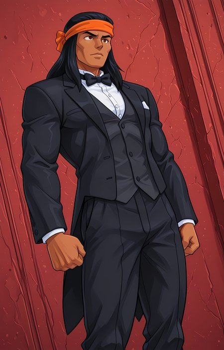 masterpiece, best quality, amazing quality, dutch angle, BREAK
1boy, solo, male focus, muscular male, sf_apachechief, dark skin, black hair, long hair, headband, tuxedo, black bowtie, formal, BREAK
<lora:Apache Chief - Superfriends - ILXL:1>, <lora:Szadek:0.8> sz3d3k <lora:WFA_-_PDXL_Artist_Style:0.8> wfastyle <lora:Torakitchen__Ebitendon_-_Style_-_PDXL:0.8> tk_style