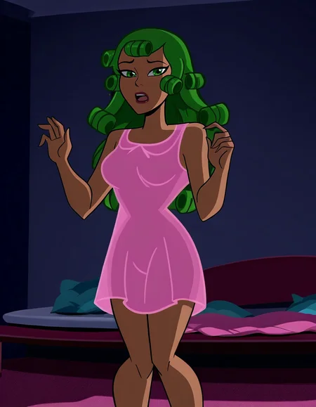 <lora:FireDCIllustrious1.0JLFO:1> firedc, hair curlers, 1girl, solo, green hair,hair_curlers, lingerie, green eyes, long hair, dark-skinned female, open mouth, bed, standing, indoors, breasts,looking at viewer,