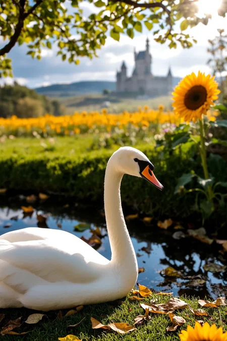 beautiful fantasy landscape photography, photo, Sigma 16 mm f/5.6, ((very detailed)), sharp focus, small rock,  fallen leaves, swan, sunflower, field, bush floor, reflections, (castle),  pond, medieval forest, ((village)), stunning nature aquatic environment , medieval land, (bright sunny sky), (high contrast), cinematic (lights), backlight, (shadows), lens flare, vibrant colors, colorful, (Rich Gray flowers) and leaves, (lovely), (beautiful), <lora:Detail Tweaker LoRA add_detail:1><lora:depth_of_field_slider_v1:5> <lora:no-blur:1
