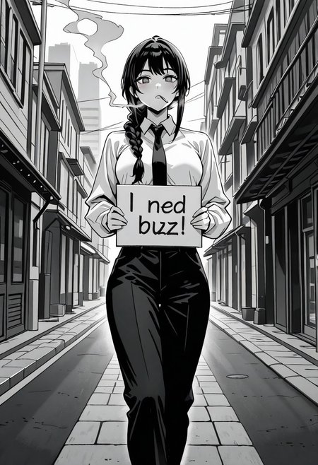 masterpiece,amazing quality,best quality,ultra-detailed,8K,  monochrome, greyscale, detailed background, face focus, face only, 1girl, need_buzz, holding sign, a cigarette in her mouth,  smoking, solo, long hair, braided ponytail, sidelocks, ringed eyes, medium breasts, black necktie, white collared shirt, shirt tucked in, long sleeves, black pants, shoes , solo, looking at viewer, outdoors, cityscape,