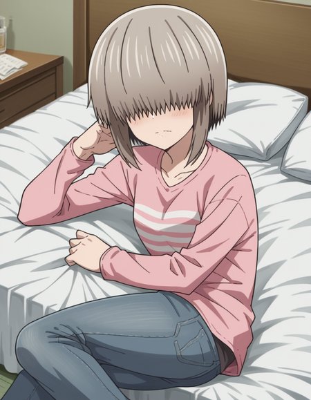 score_9, score_8_up, score_7_up, source_anime,
yanagiuzaki, <lora:yanagi-uzaki-s2-ponyxl-lora-nochekaiser:1>,
yanagi uzaki, short hair, bangs, grey hair, hair over eyes, covered eyes, long bangs, sidelocks,
shirt, long sleeves, pink shirt, collarbone, pants, denim,
indoors, bed, bed room, on side, blush, drunk,
looking at viewer, cowboy shot, solo, dutch angle,