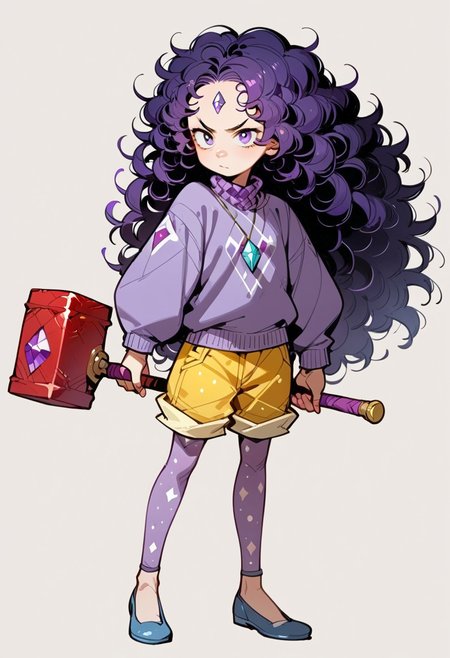 ng_deepnegative_v1_64t, score_9, score_8_up, score_7_up, zPDXL2, detailed background, concept art, source_anime, 1 girl, pale, purple sweater, baggy sweater, yellow shorts, polka dot leggings, purple leggings blue shoes, short purple hair, frizzy hair, purple diamond on forehead, holding hammer, large red hammer, pose
