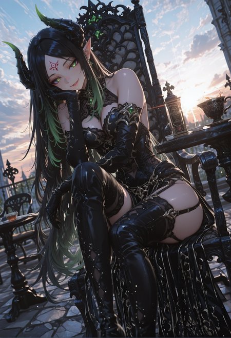 masterpiece, best quality, very aesthetic, absurdres, newest, 4ur4_illu, shiny, xxx667_illu, 15546+456868, score_9, score_8_up, score_7_up, (portrait:0.8), dramatic lighting, breathtaking texture, masterpiece, best quality, good quality, KRShamilla, 1girl, solo, pointy ears, pelvic curtain,black hair, forehead mark, elbow gloves, black gloves, dress, gradient hair, green eyes, very long hair, demon girl, black footwear, parted bangs, bare shoulders, demon horns, garter straps, black footwear, evil smile, siting on garden chair, sitting next o garden table, drinking tea, seductive smile, crossed legs, cowboy shot, half-body portrait, detailed background, day, outdoors, sunny, depth of field, dynamic, sharp focus, dynamic scene, detailed background, dynamic pose, dutch angle,  close-up, masterpiece, award-winning, professional, highly detailed, (white theme:0.4) vibrant, detailed face,
[texture masterpiece, best quality, best quality, cinematic, looking at viewer, close-up]