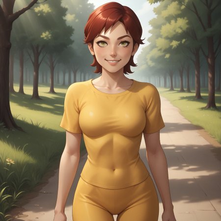 score_9, score_8, BREAK, solo, wii, mii, wii sports, 1girl, female mii, dark yellow eyes, dark red hair, blush, brown eyebrows, yellow clothing, white pants, shoes, nintendo mii, modern_mii, classic_mii, breasts, Emily_(Wii_Sports), cute, sexy pose, smile, outdoors, sunlight, shadows, evening lighting, natural lighting, forest, trees, grass, orange sky, sunset