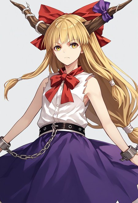 score_9, score_8_up, score_7_up, score_6_up, score_5_up, score_4_up, source_anime, 1girl, solo, 
ibuki suika, horns, blonde hair, low-tied long hair, hair bow, yellow eyes, sleeveless white shirt, belt, purple skirt, shackles, 
masterpiece, best quality, very aesthetic, absurdres,