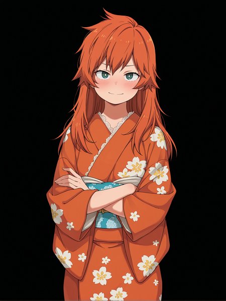 <lora:Kendo Illu:1>
1girl, solo,
kend0, long hair, orange hair, green eyes, hair down,
kimono, floral print, detailed sash, lace trim, 
closed smile, blush, 
cowboy shot, looking at viewer, 
crossed arms, frown,, masterpiece, best quality, amazing quality,, simple background, black background