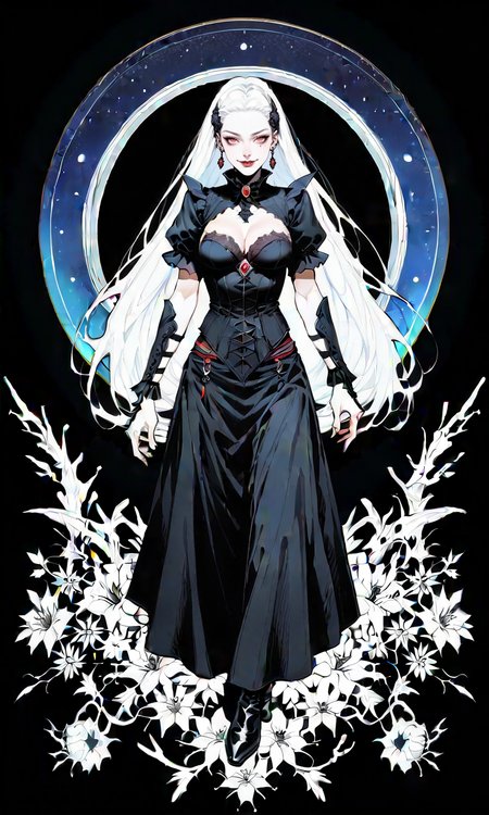 score_9, score_8_up, score_7_up,
steampunk, witch, vampire, undead, full body, solo, 1girl, pale skin, red eyes,  long  hair, white silver hair, lust grin,  a dark cosmic hero female, a cosmic cloak,
a Background of various beautiful flower fields, cosmic night, 
<lora:add-detail-xl:0.8>, <lora:Expressive_H:0.8> Expressiveh,  <lora:GRIM_v1:0.8>, <lora:g4n1m3XLP:0.5> g4n1m3