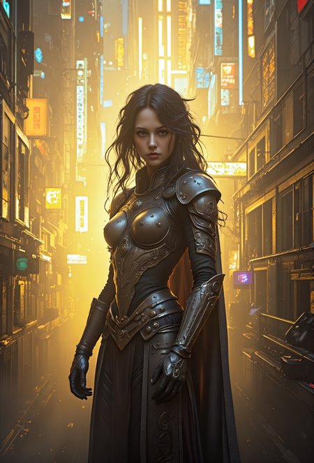 futuristic cityscape, neon-lit skyscrapers, holographic advertisements, misty atmosphere, warm yellow-orange glow, soft focus, blurred background, sharp subject isolation, high-contrast lighting, dramatic shadows, subtle lens flare, shallow depth of field, focused subject with slight blur around edges, intricate details on armor, glowing silver accents, ancient runes etched into dark metal, wispy fog effects, high-resolution textures, photorealistic rendering, advanced global illumination, subtle ambient occlusion, precise normal mapping, optimized for 8K resolution, absurdly high-quality visuals, mastered for maximum visual fidelity.assistant