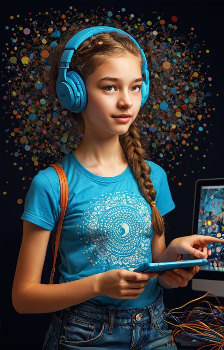 masterpiece,best quality,<lora:tbh50-sdxl:0.6>,illustration, tech genius teenage girl